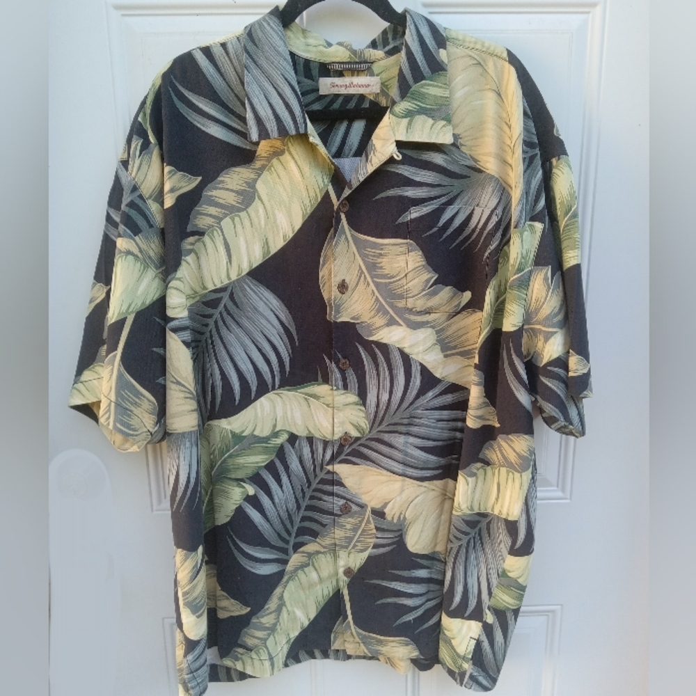 Tommy Bahama Black Button-Up Tropical Leaf Silk Shirt Yellow & Green XXL